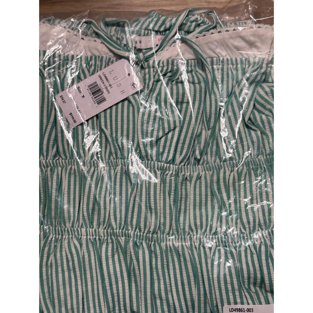 NWT! Lush Shirred Puff Sleeve Maxi Dress in Green Stripe Size Medium - Picture 5 of 6